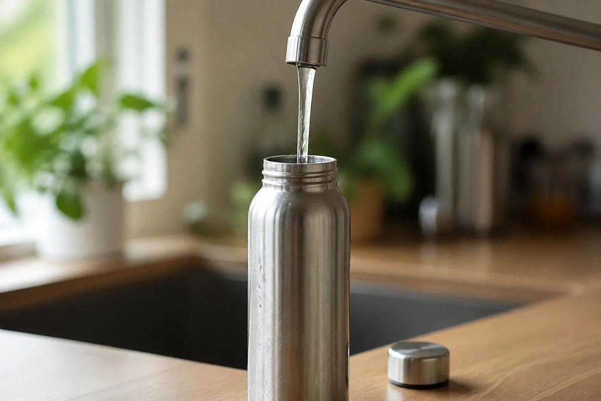 Herbruikbare rvs drinkfles wordt tot de rand gevuld met koud kraanwater