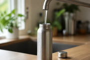 Herbruikbare rvs drinkfles wordt tot de rand gevuld met koud kraanwater