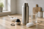 Thermosfles schoonmaken met baking soda: open rvs thermosfles met deksel, afdichtring, flessenborstel en een kommetje baking soda op het aanrecht