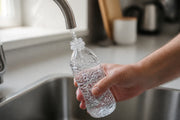 Hand vult een gekreukeld plastic wegwerpflesje opnieuw met kraanwater aan een rvs-kraan