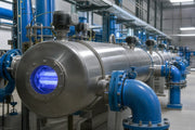 UV-desinfectie-installatie bij een waterbedrijf: rvs-reactoren waarin UV-C-lampen het drinkwater belichten